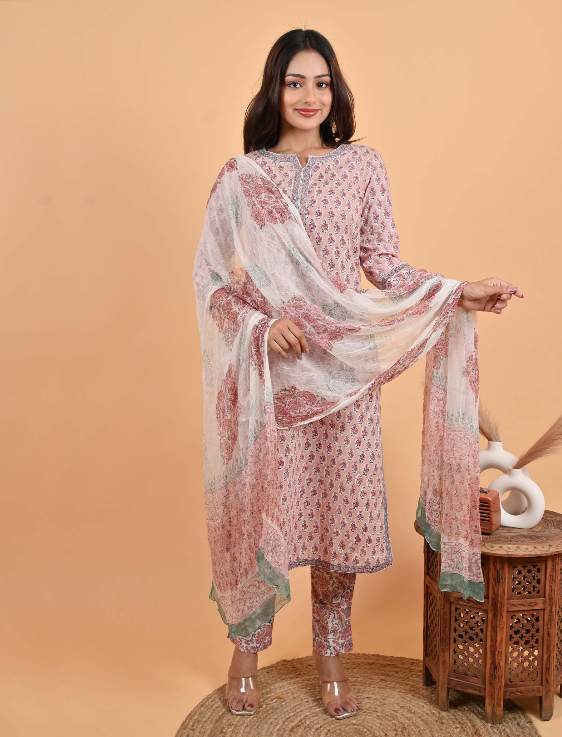 Pastel Block Printed Cotton Kurta Pant Set