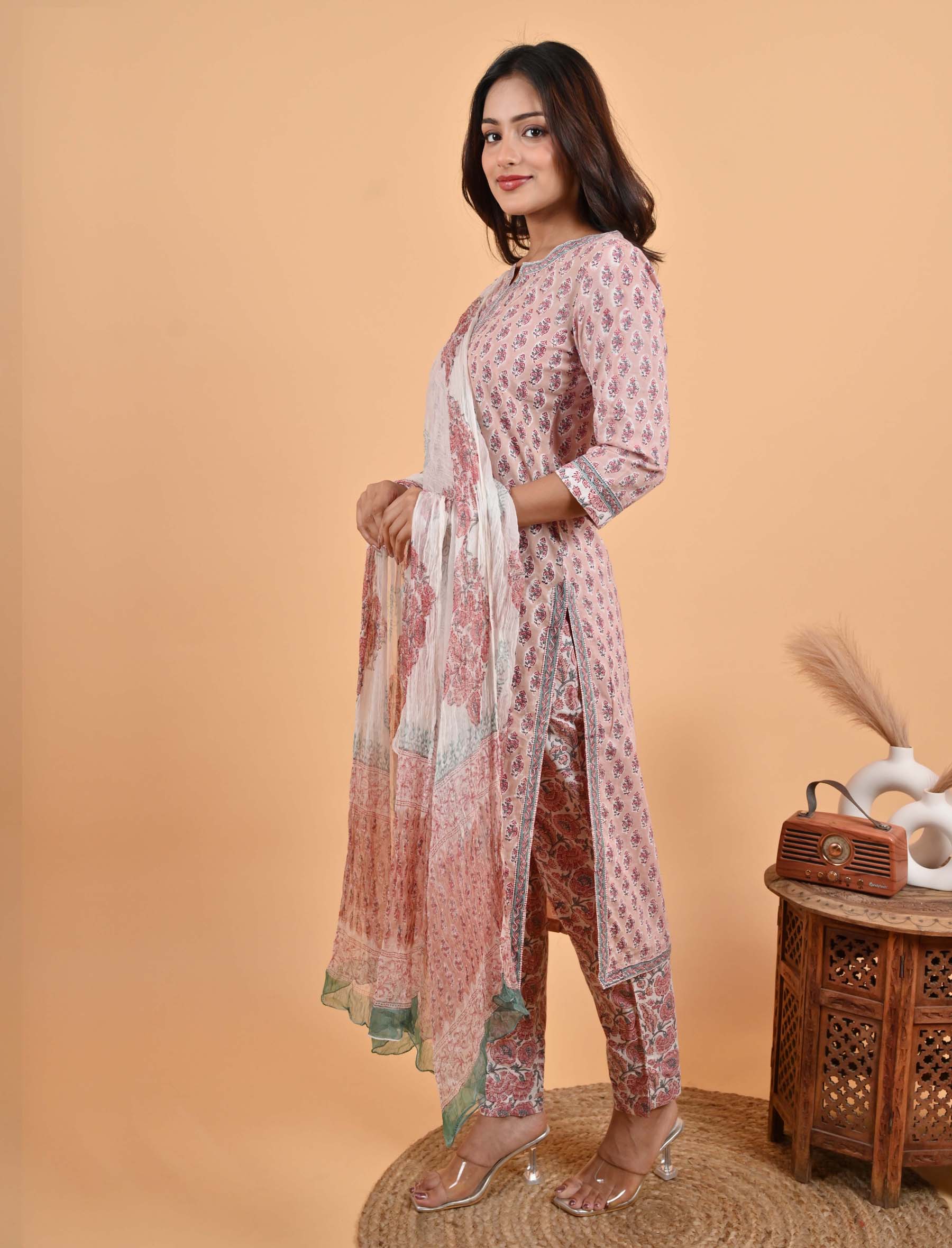 Pastel Block Printed Cotton Kurta Pant Set