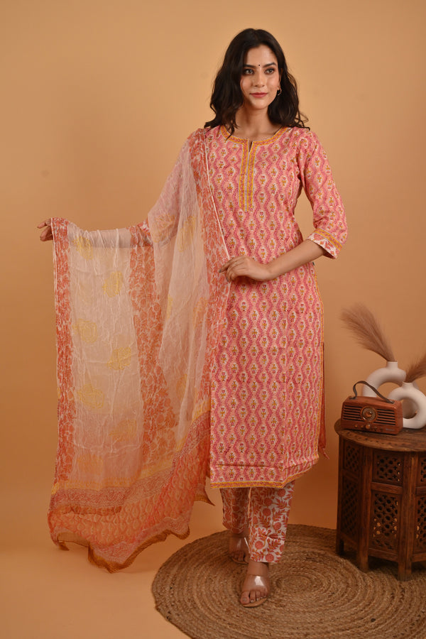 Peach Block Printed Cotton Kurta Pant Set