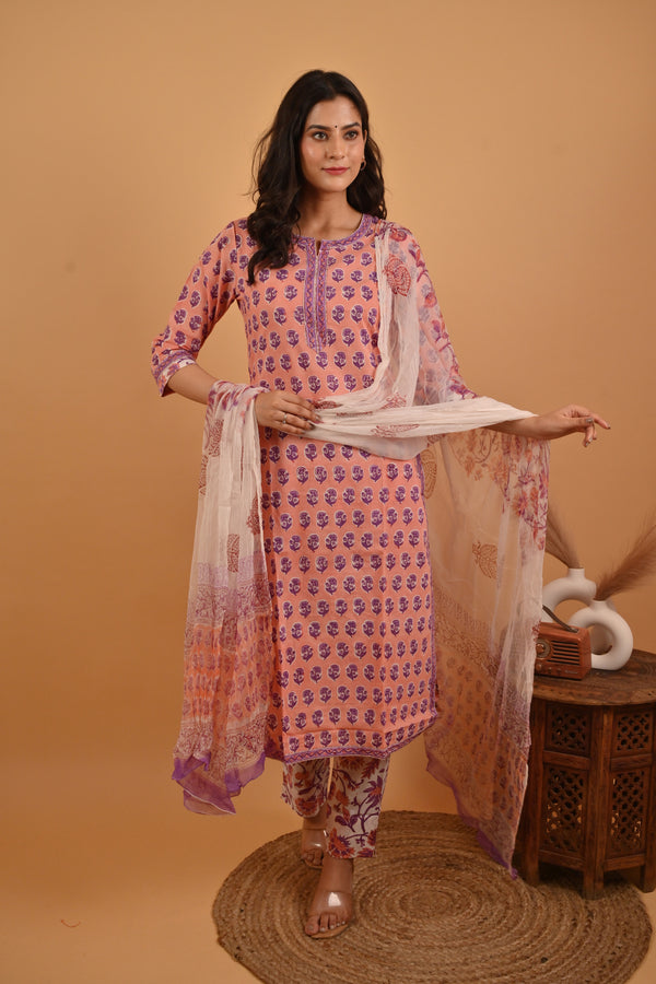 Pink Block Printed Cotton Kurta Pant Set