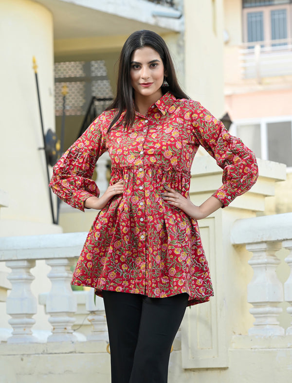 Red Jaal Printed Cotton Short Top
