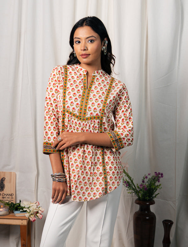 White Yellow Cotton Hand Block Printed Top