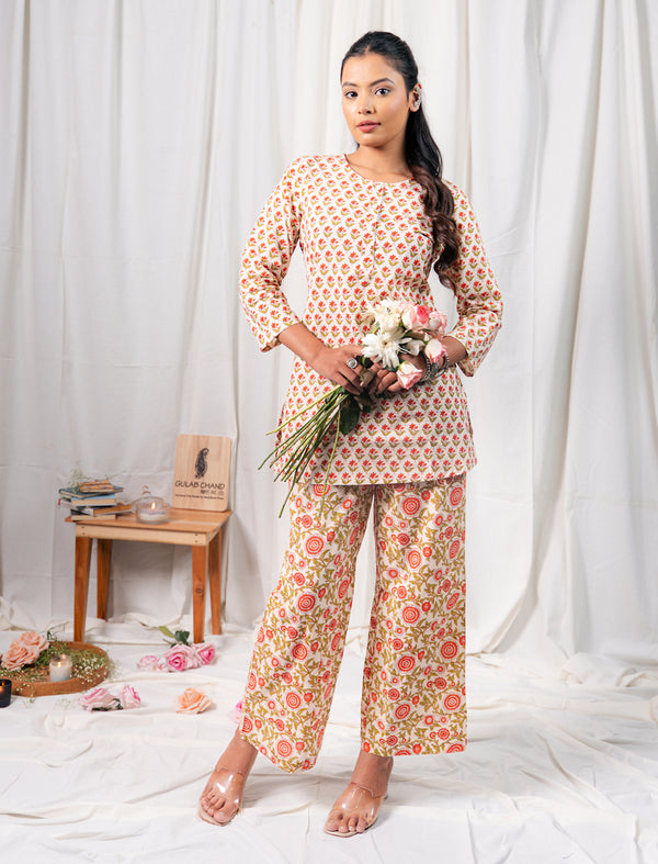 White Red Butti Hand Block Printed Cotton Co-Ord Set