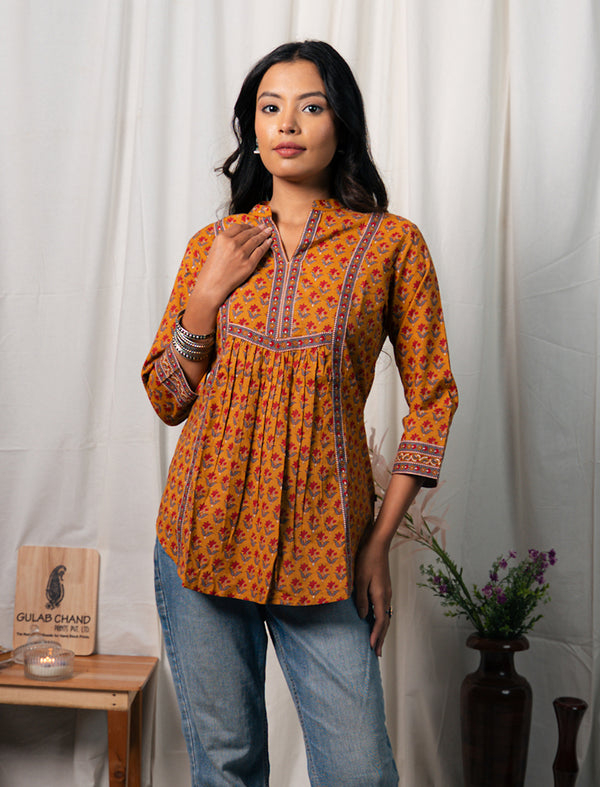 Orange Cotton Hand Block Printed Top