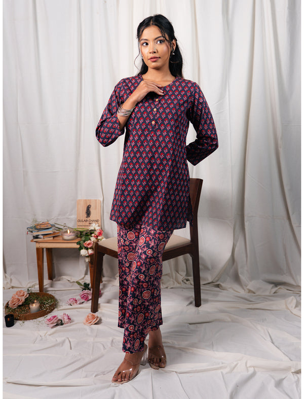 Blue Butti Hand Block Printed Cotton Co-Ord Set