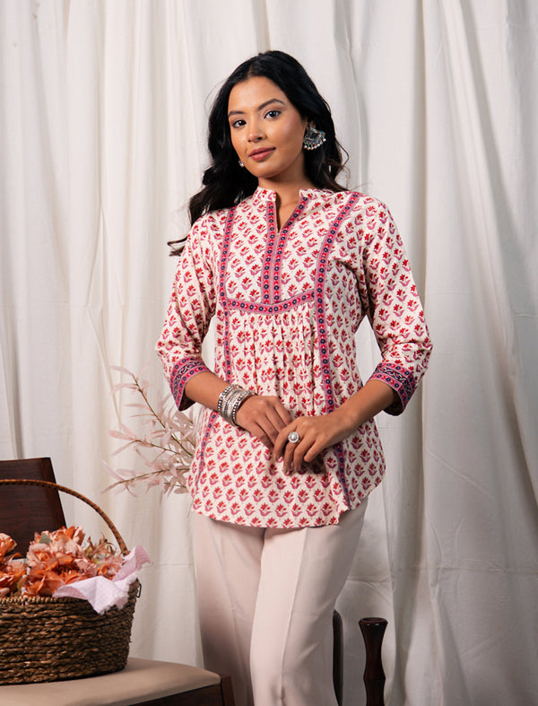 White Pink Cotton Hand Block Printed Top