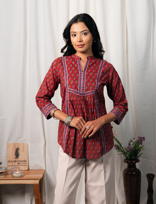 Red Cotton Hand Block Printed Top
