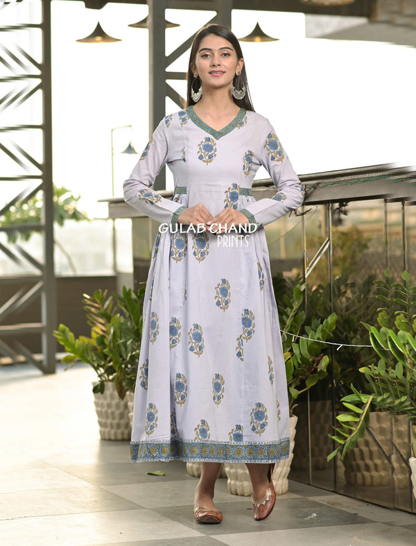 Cotton Mughal Grey Butta Printed Long Dress