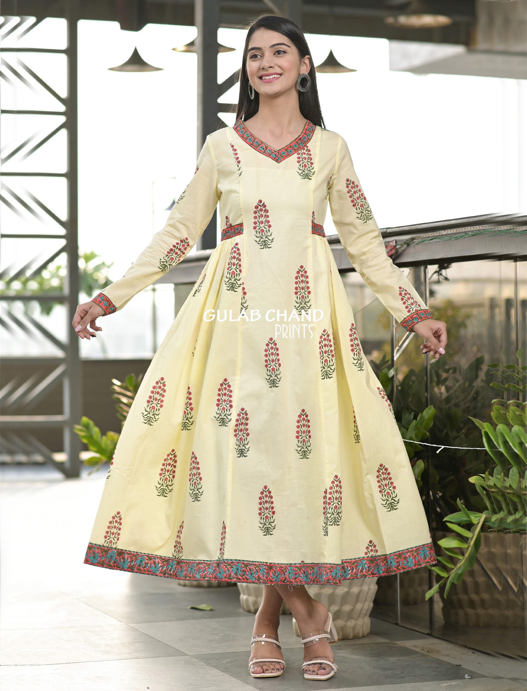 Cotton Mughal Lemon Butta Printed Long Dress