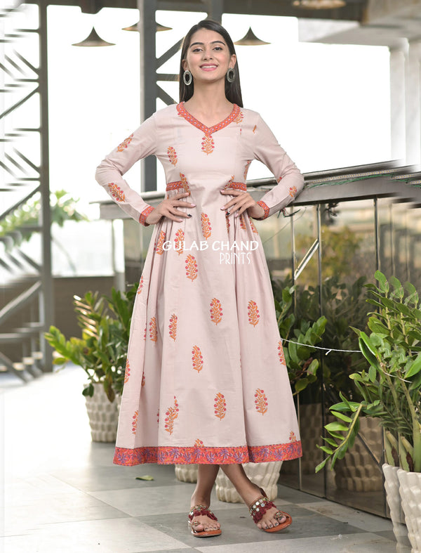 Cotton Mughal Orange Butta Printed Long Dress