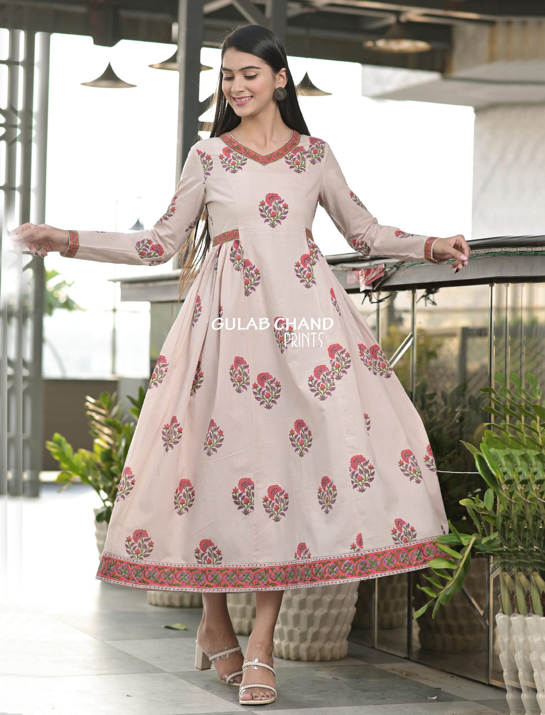 Cotton Mughal Paste Butta Printed Long Dress