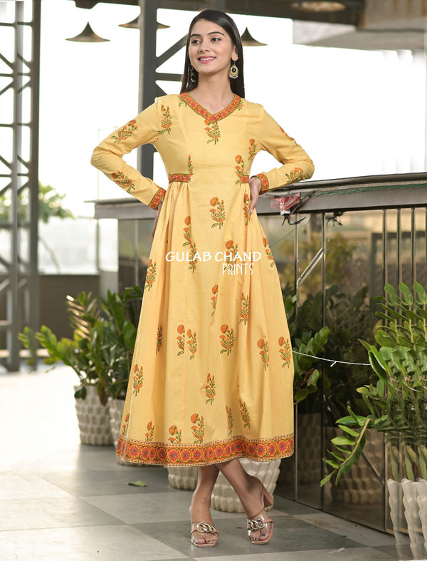 Cotton Mughal Yellow Butta Printed Long Dress