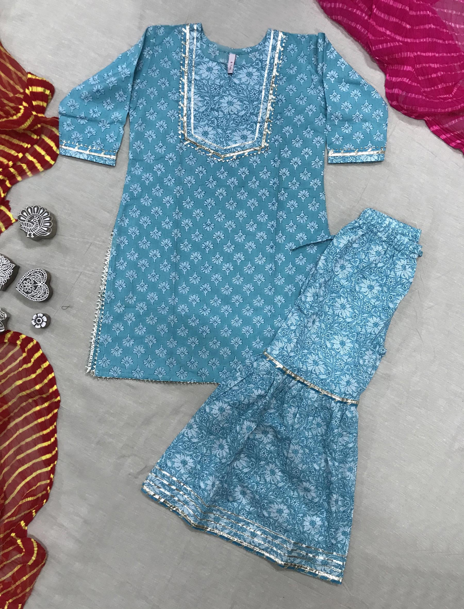 Block Printed Cotton Kurta Sharara ( Set 2 )