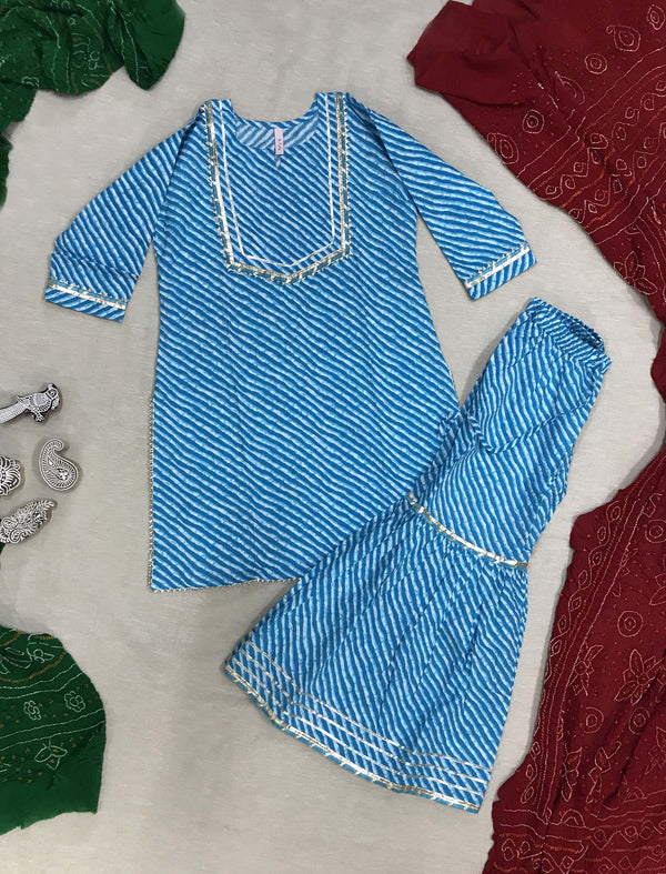 Blue Lehariya Cotton Kurta Sharara ( Set 2 )