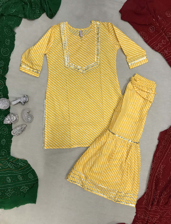 Yellow Lehariya Cotton Kurta Sharara ( Set 2 )