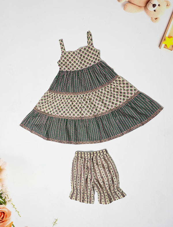 Block Printed Cotton Dress With Bottom For Kids