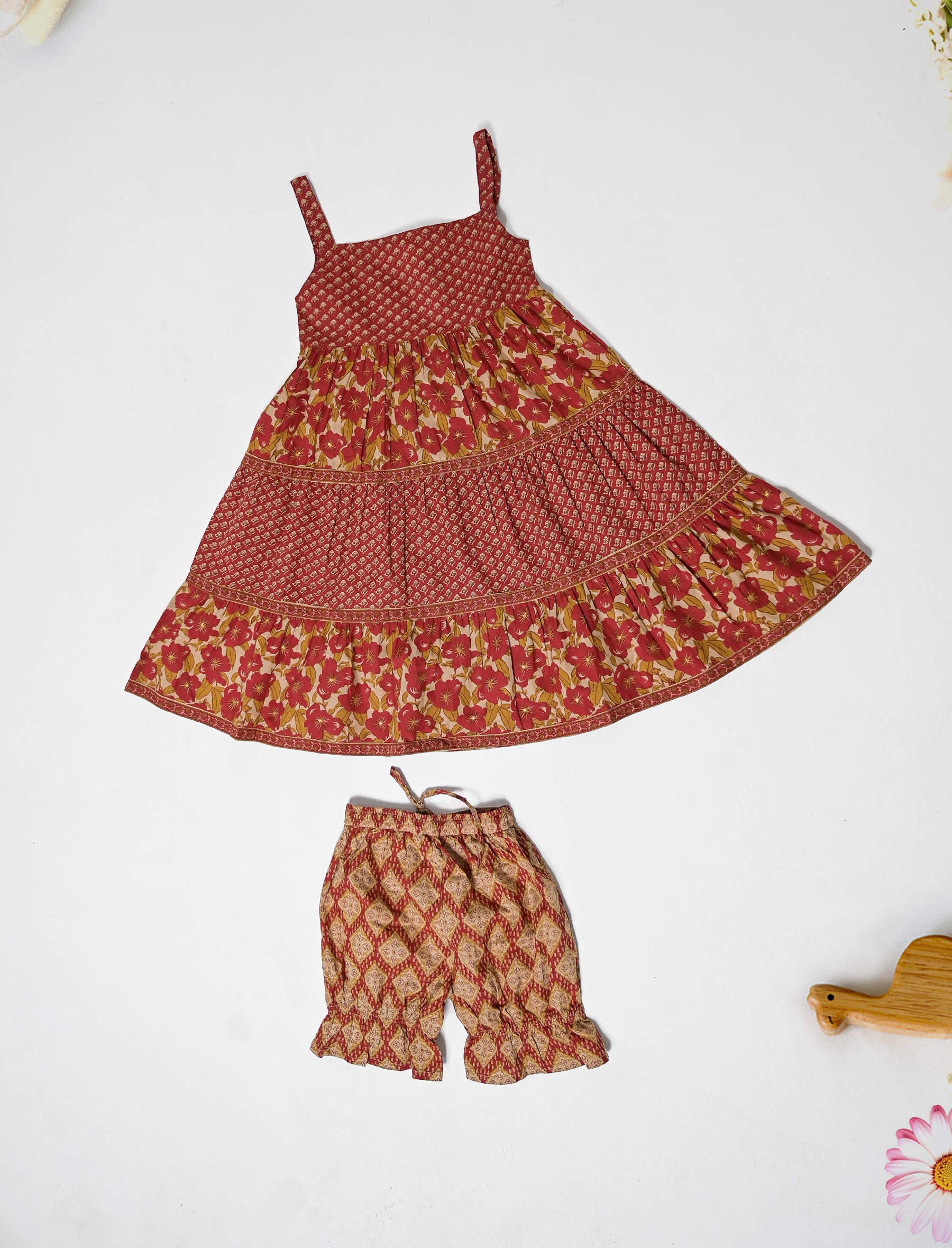 Block Printed Cotton Dress With Bottom For Kids