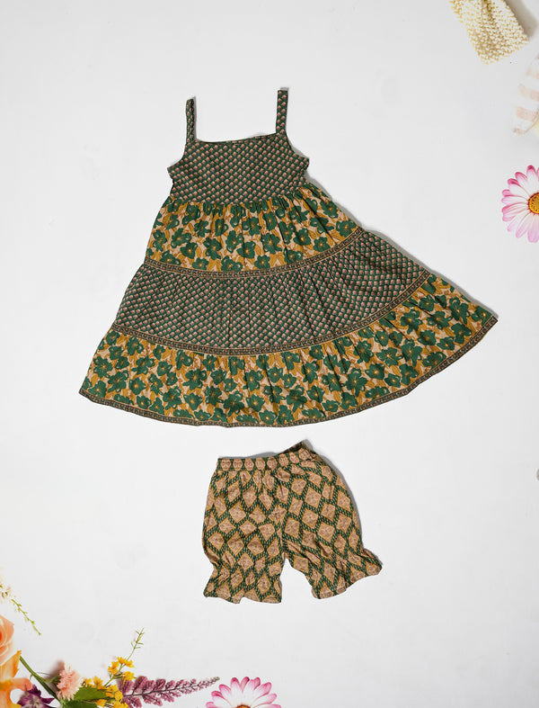 Block Printed Cotton Dress With Bottom For Kids