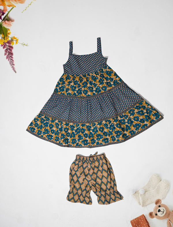 Block Printed Cotton Dress With Bottom For Kids