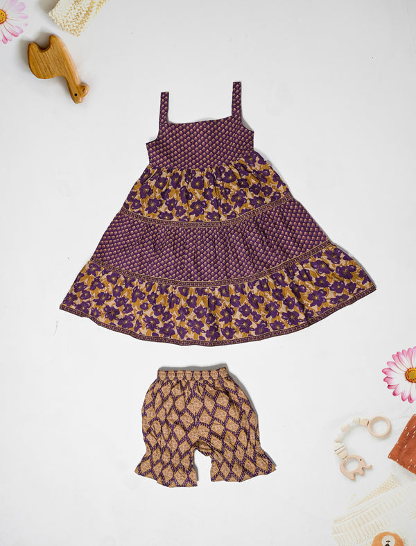 Block Printed Cotton Dress With Bottom For Kids