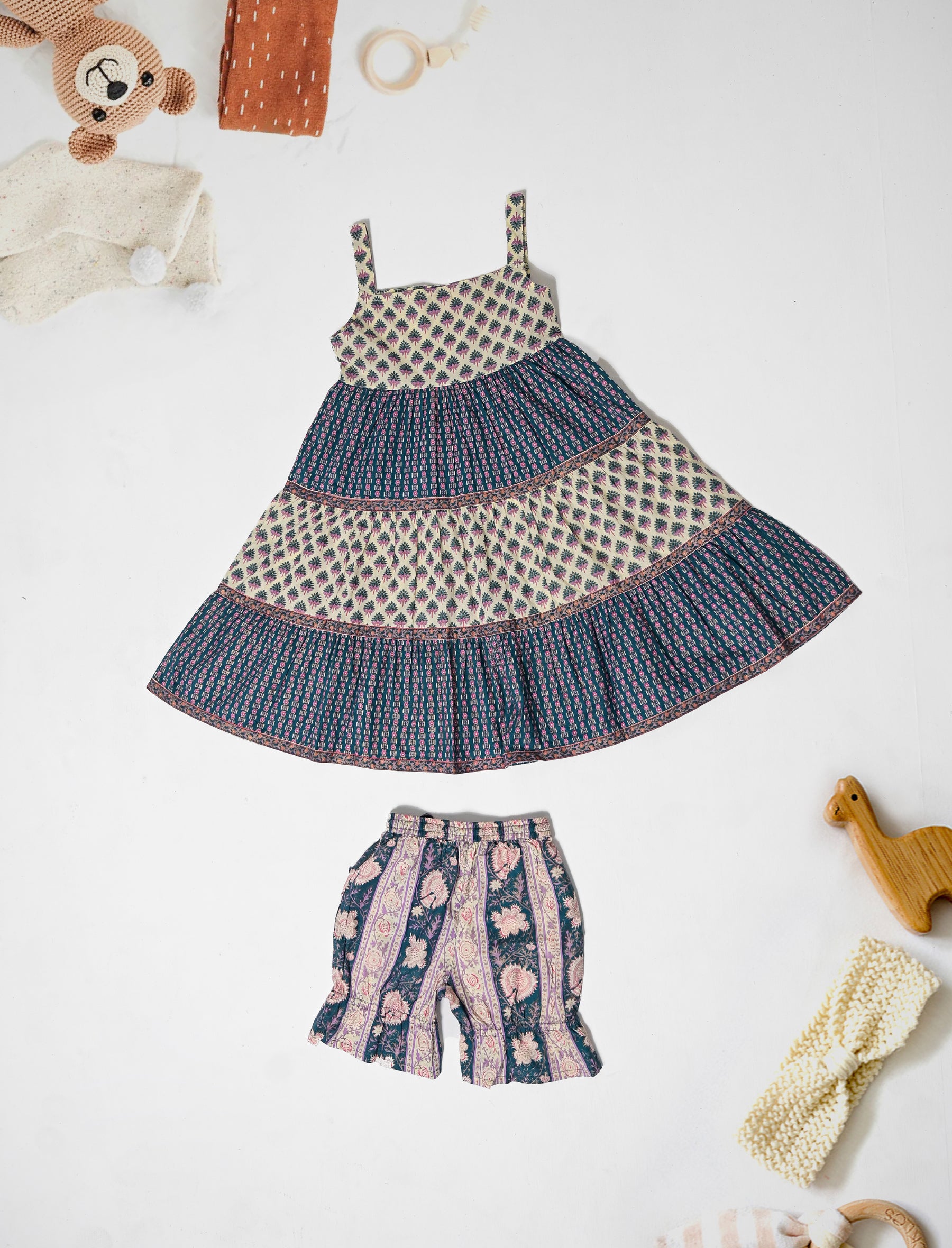 Block Printed Cotton Dress With Bottom For Kids