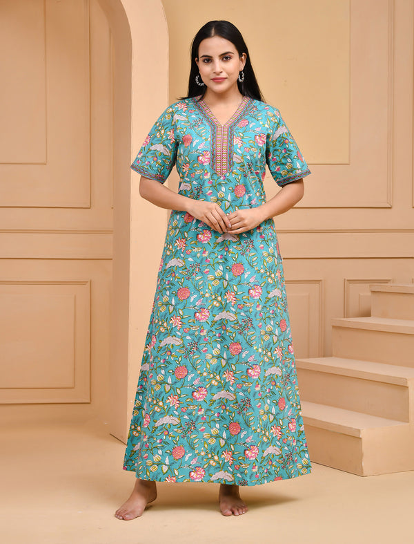 Firozi Cotton Comfortable Night Gown