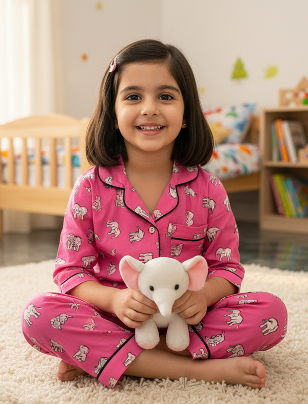 Pink Elephant Block Printed Cotton Night Suit For Kids