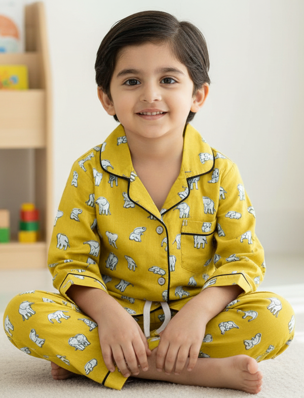 Yellow Elephant Block Printed Cotton Night Suit For Kids