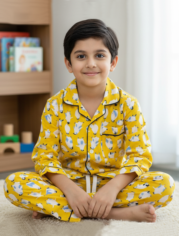 Yellow Penguin Block Printed Cotton Night Suit For Kids