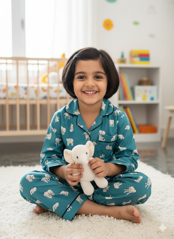 Sea Green Elephant Block Printed Cotton Night Suit For Kids