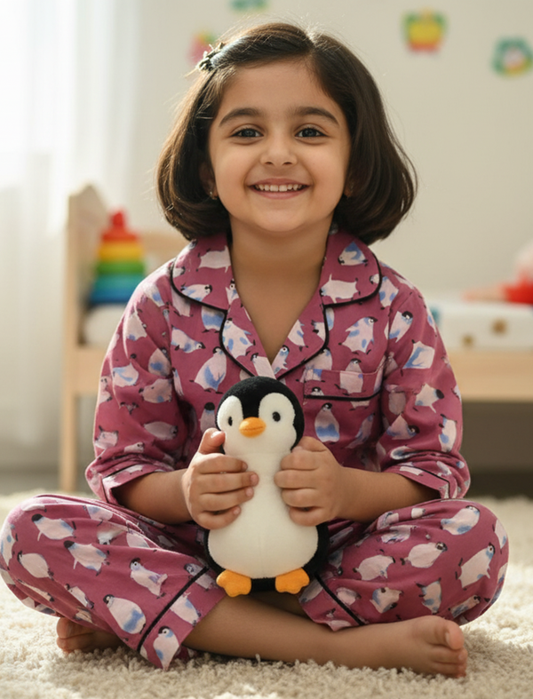Mauve Penguin Block Printed Cotton Night Suit For Kids