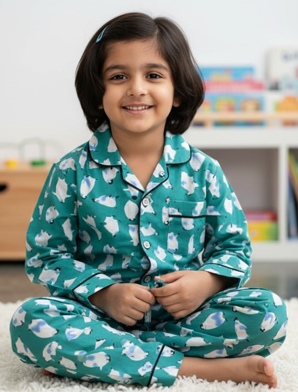 Sea Green Penguin Block Printed Cotton Night Suit For Kids