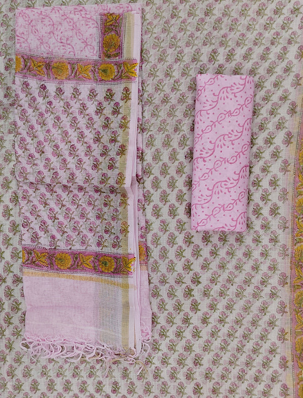 Block Printed Unstitched Suit With Cotton Kota Doriya Dupatta