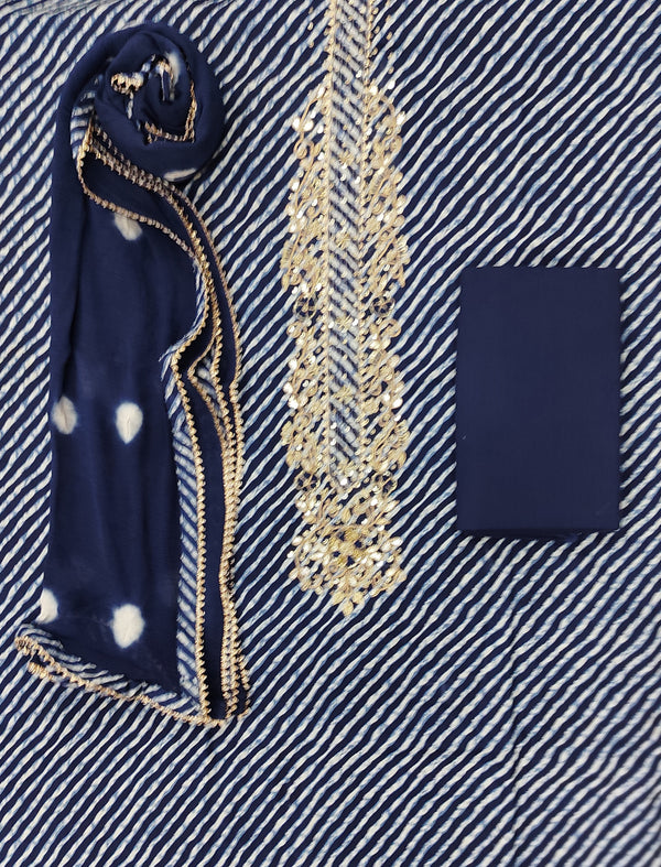 Blue Lehariya Cotton Printed Unstitched Suit