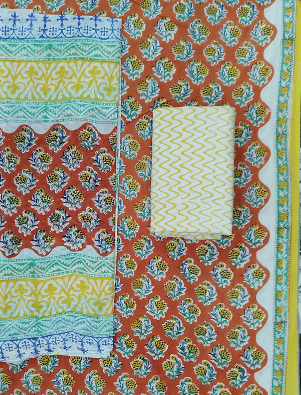 Block Printed Unstitched Dress Material With Cotton Dupatta