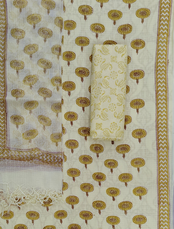 Block Printed Unstitched Suit With Cotton Kota Doriya Dupatta (Set Of 4)