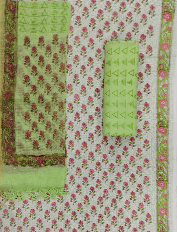 Block Printed Unstitched Suit With Cotton Kota Doriya Dupatta (Set Of 4)