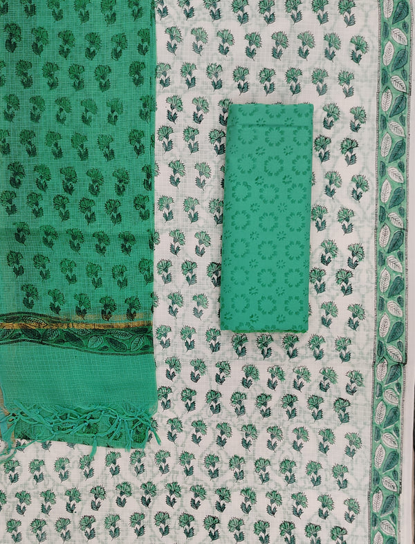 Block Printed Unstitched Suit With Cotton Kota Doriya Dupatta (Set Of 4)