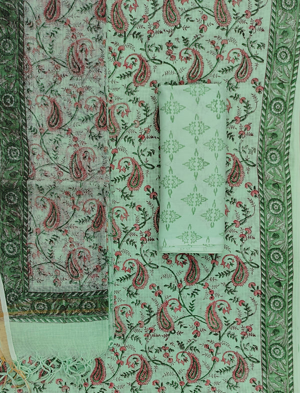 Block Printed Unstitched Suit With Cotton Kota Doriya Dupatta (Set Of 4)