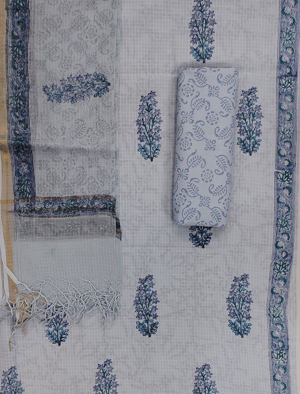 Block Printed Unstitched Suit With Cotton Kota Doriya Dupatta (Set Of 4)