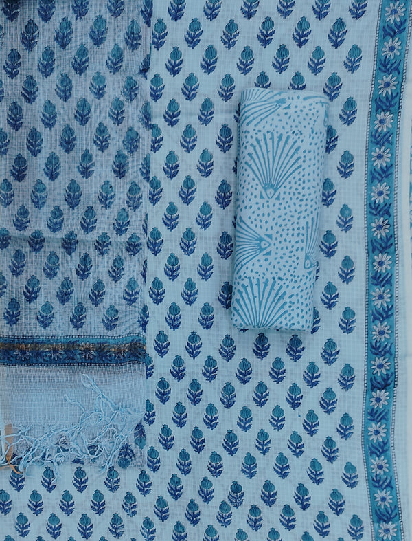 Block Printed Unstitched Suit With Cotton Kota Doriya Dupatta (Set Of 4)