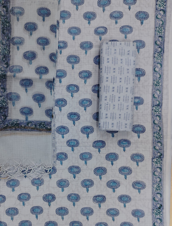 Block Printed Unstitched Suit With Cotton Kota Doriya Dupatta (Set Of 4)