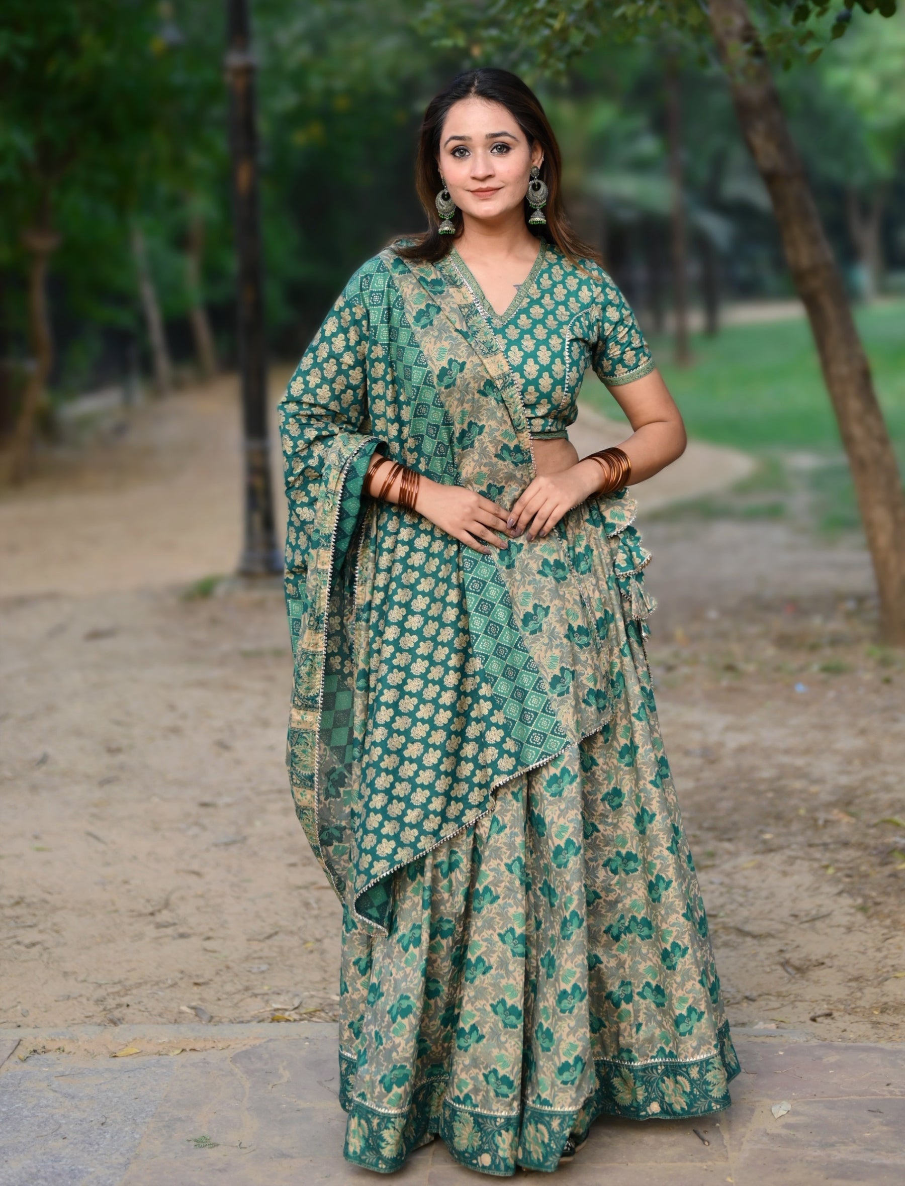 Sea Green Block Printed Festive Cotton Lehenga