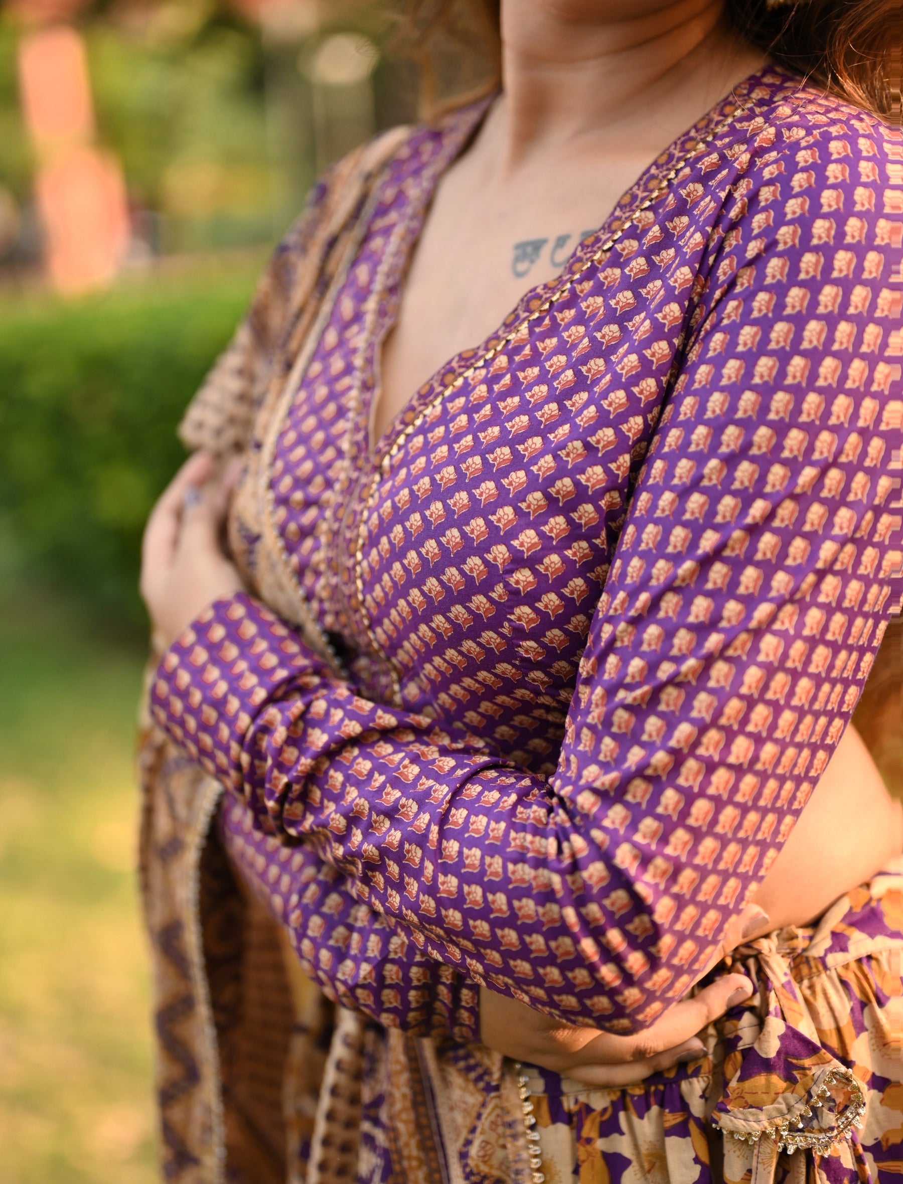 Purple Block Printed Festive Cotton Lehenga