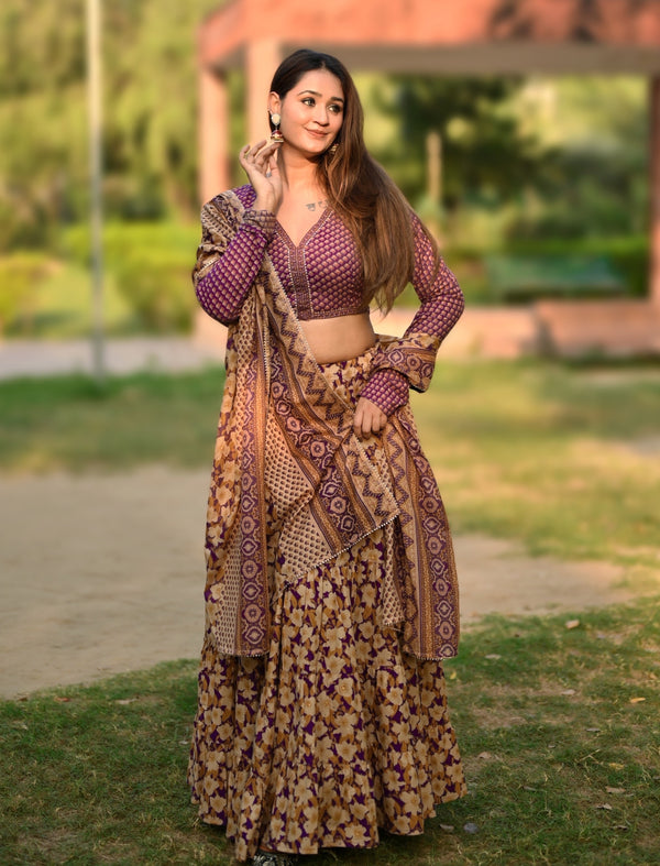 Purple Block Printed Festive Cotton Lehenga