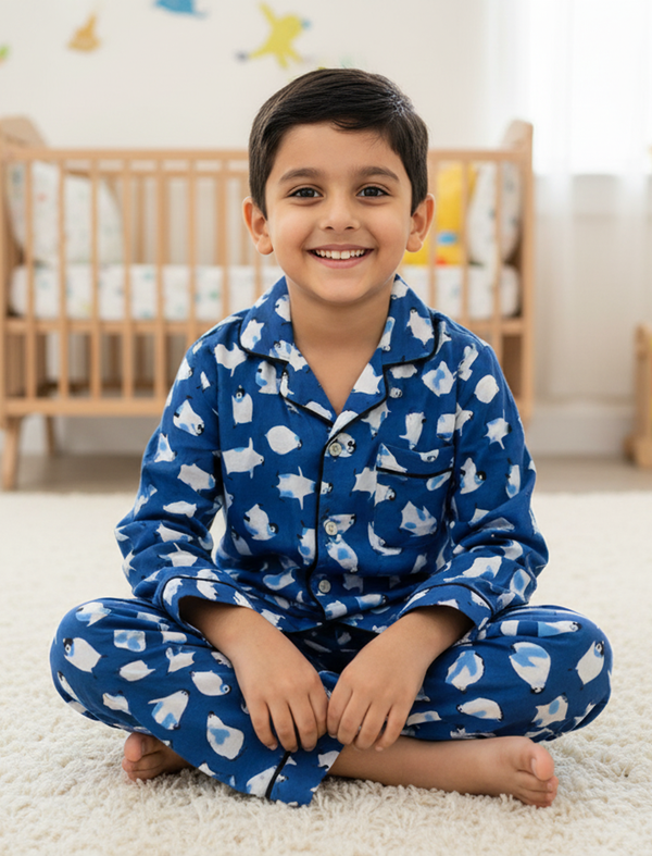 Blue Penguin Block Printed Cotton Night Suit For Kids