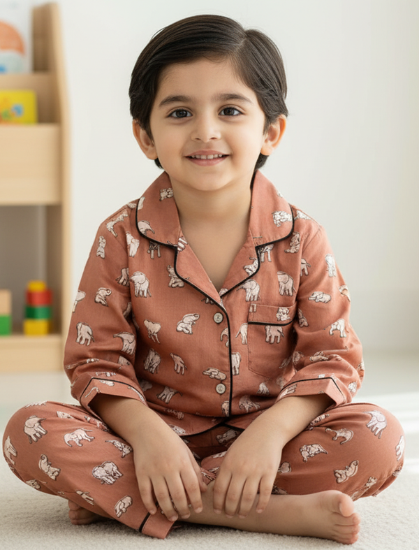 Light Brown Elephant Block Printed Cotton Night Suit For Kids