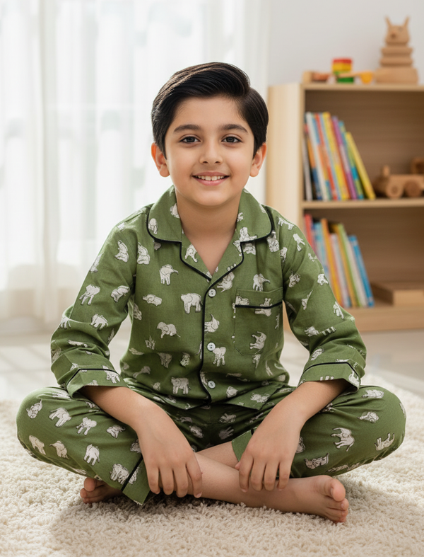 Green Elephant Block Printed Cotton Night Suit For Kids