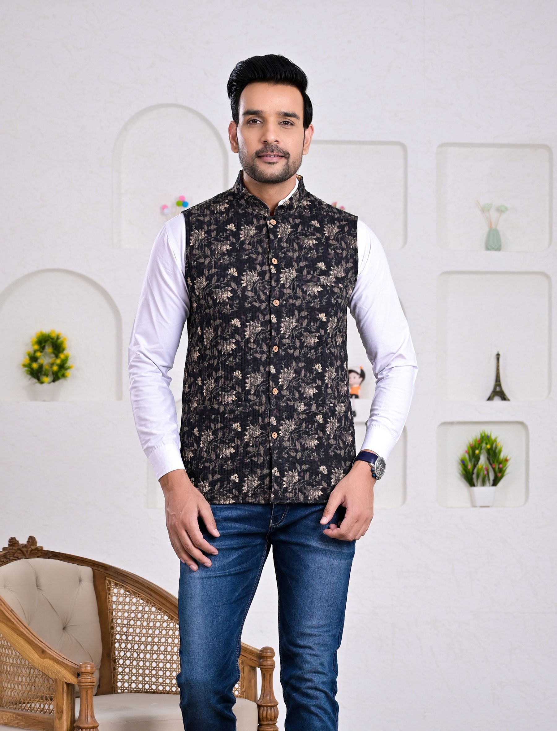 Block Printed Winter Jacket For Men