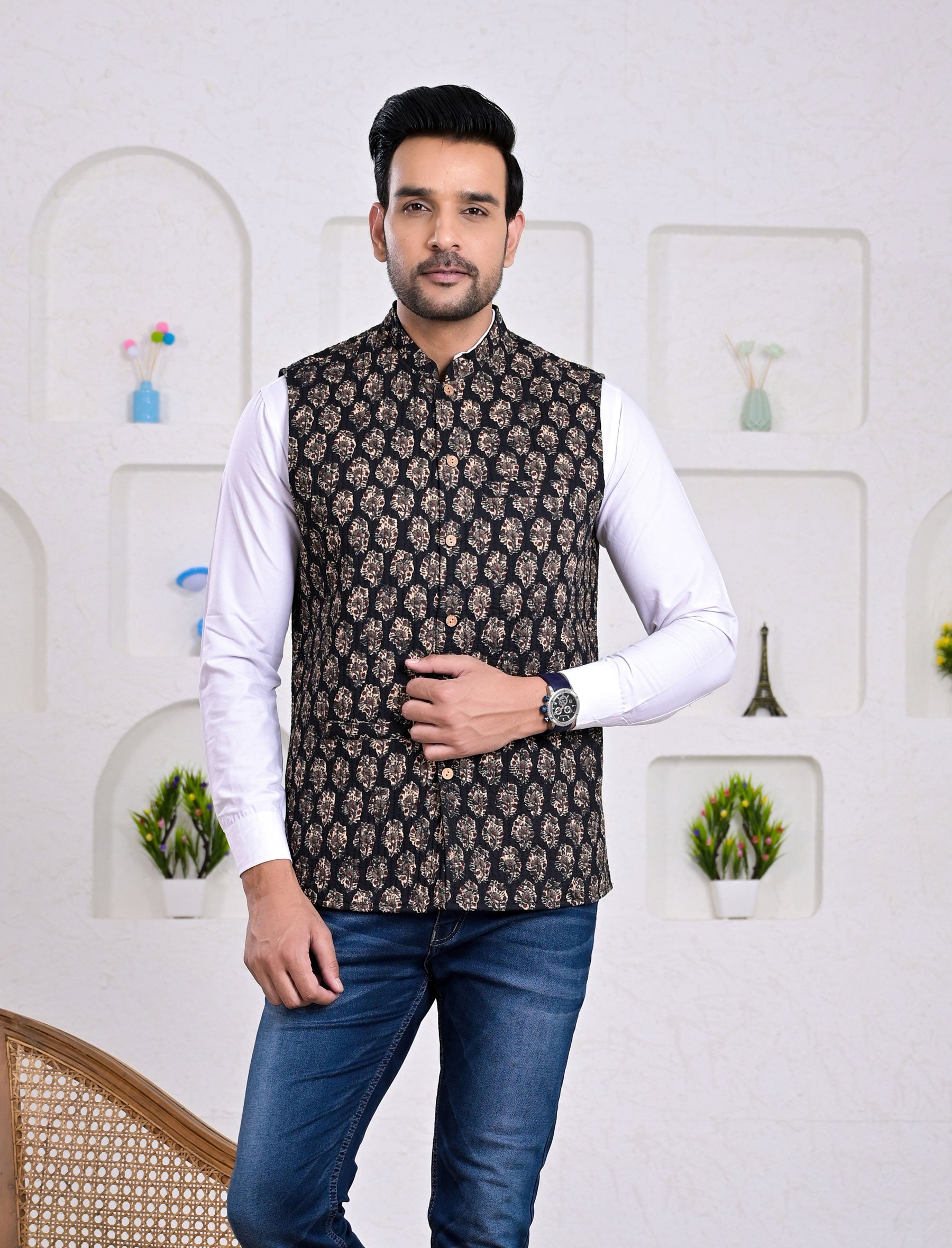 Block Printed Winter Jacket For Men